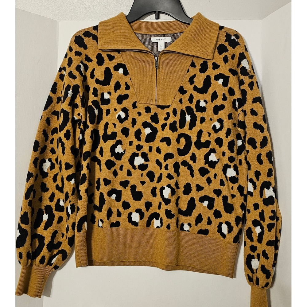 Nine‎ West Womens Leopard Print Quarter Zip Sweater Mustard Yellow Black Size M